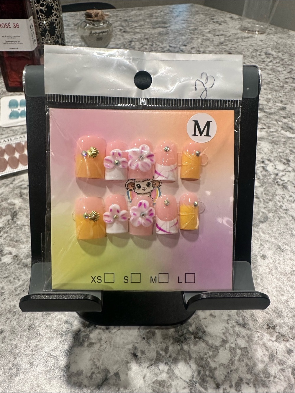 Handmade Press-On Nails Set — Pink, Yellow & White Floral M